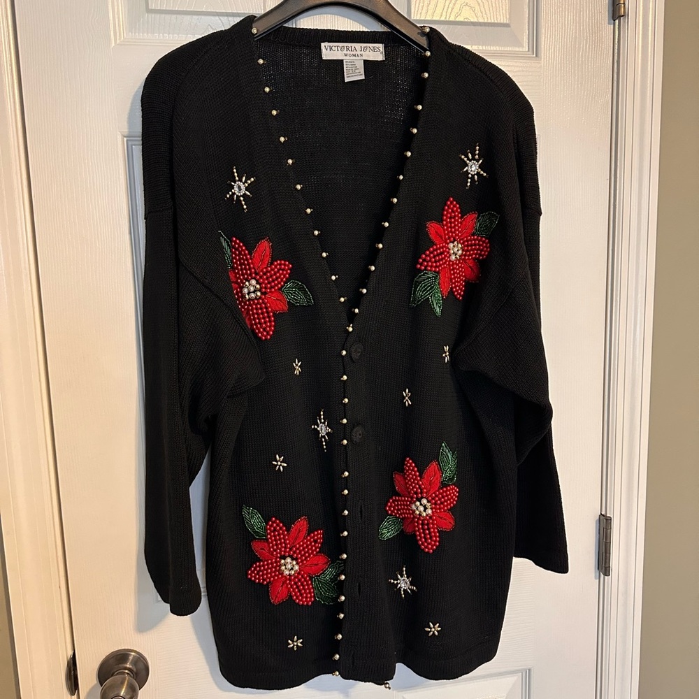 Get a jump on the Holidays! Black Beaded Poinsettia Sweater